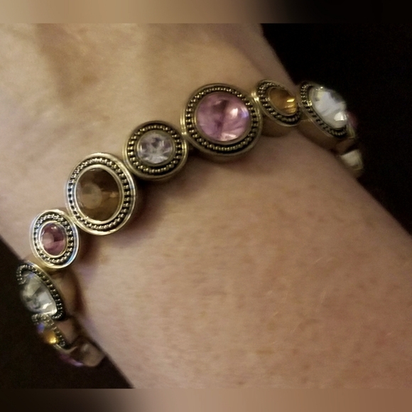 VINTAGE SILVER PLATED MULTI-COLORED BEZEL SET STONE STRETCH BRACELET -FITS 7"-8" - Picture 2 of 7